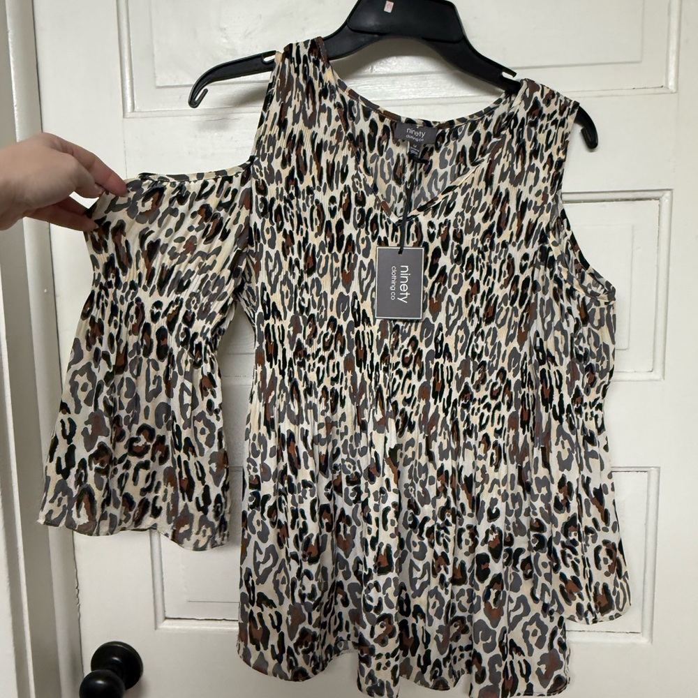 Ninety Leopard Cold-Shoulder Top in Beige, Brown & Black